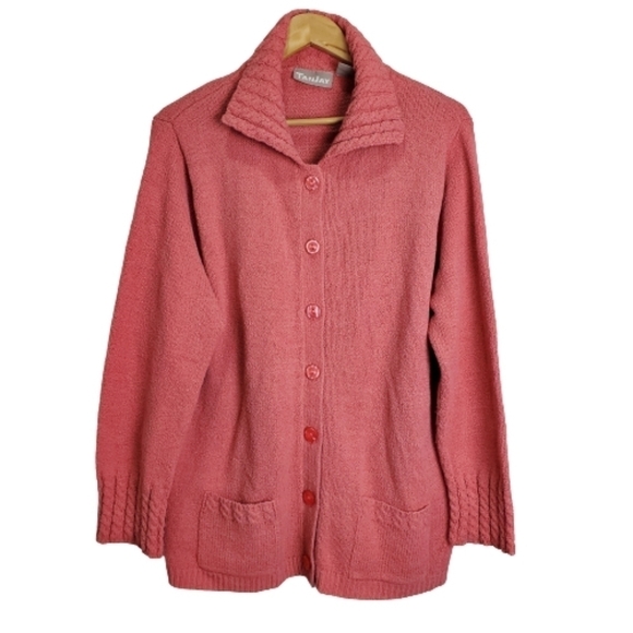TanJay Vintage 90s Pink Knit Soft Cozy Cardigan With Collar Size Large - Picture 1 of 8